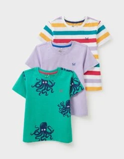 3 Pack Stripe Plain & All Over Print T-Shirts