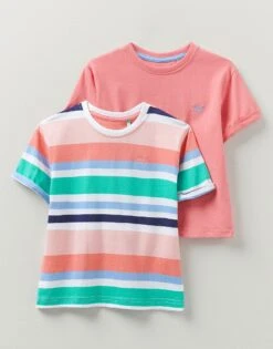 Girls' 2 Pack Short Sleeve Roll T-Shirts Plain And Stripe