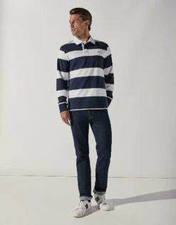 White Collar Long Sleeve Stripe Rugby Shirt -Crew Clothing MPE306 NVYWHT 3