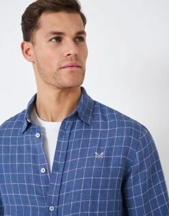 Grid Check Linen Shirt -Crew Clothing MSB038 BLUE 2