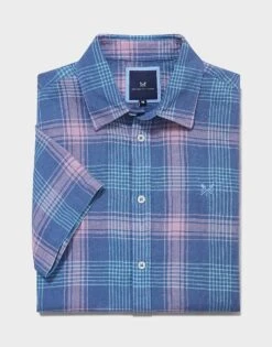 Short Sleeve Linen Check Shirt 9 Short Sleeve Linen Check Shirt -Crew Clothing MSB041 BLUEPINK 6