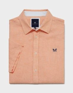 Short Sleeve Linen Grid Check Shirt 9 Short Sleeve Linen Grid Check Shirt -Crew Clothing MSB079 CORAL 4