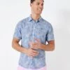 Short Sleeve Leaf Print Linen Blend Shirt