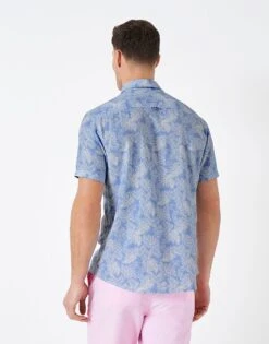 Short Sleeve Leaf Print Linen Blend Shirt -Crew Clothing MSB081 BLUE 2