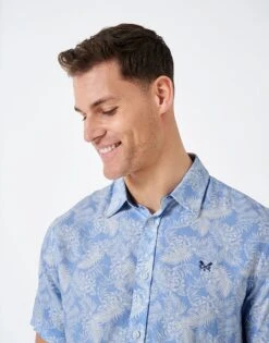 Short Sleeve Leaf Print Linen Blend Shirt -Crew Clothing MSB081 BLUE 3