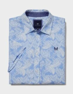 Short Sleeve Leaf Print Linen Blend Shirt -Crew Clothing MSB081 BLUE 6