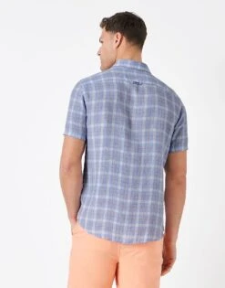 Short Sleeve Check Cotton Linen Shirt -Crew Clothing MSB090 BLUWHTCORA 2
