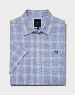 Short Sleeve Check Cotton Linen Shirt -Crew Clothing MSB090 BLUWHTCORA 4