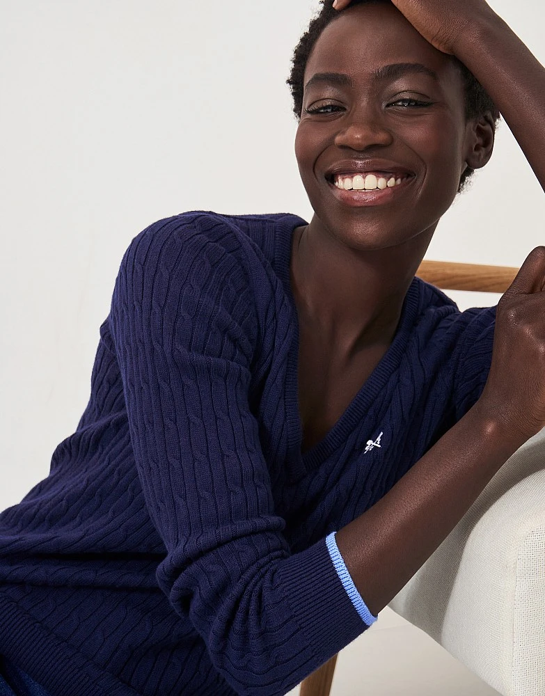 Navy Cotton Cashmere V Neck Cable Knit Jumper 1 Navy Cotton Cashmere V Neck Cable Knit Jumper