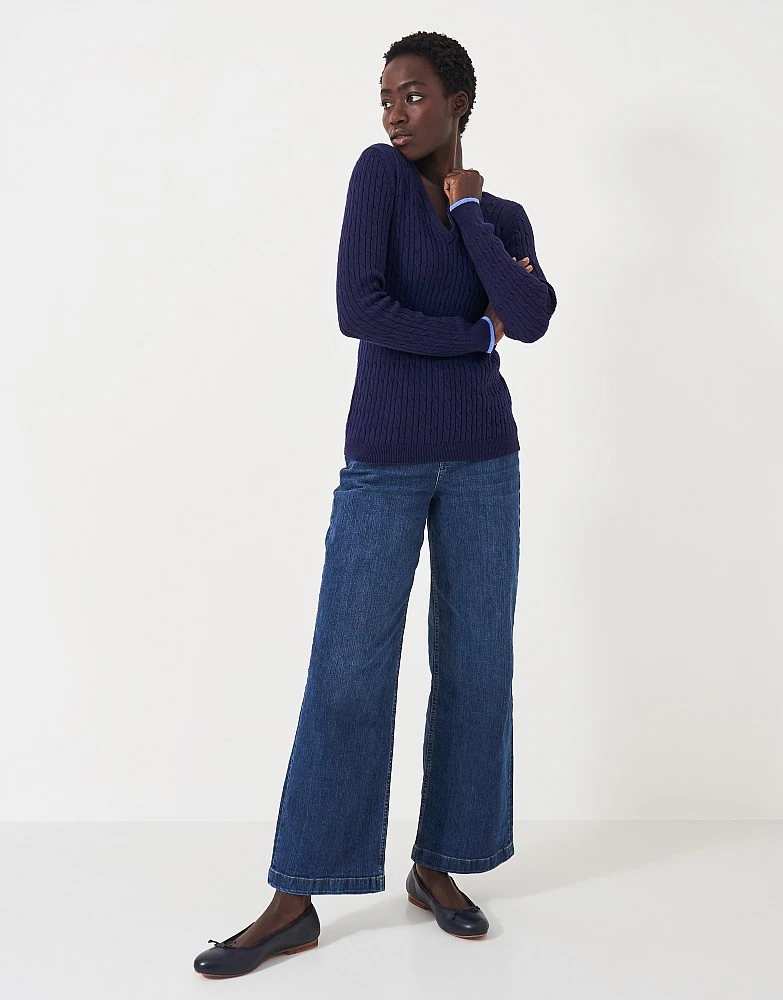 Navy Cotton Cashmere V Neck Cable Knit Jumper 2 Navy Cotton Cashmere V Neck Cable Knit Jumper - Image 2