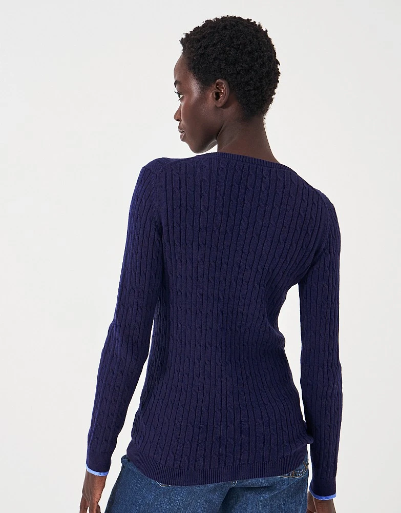 Navy Cotton Cashmere V Neck Cable Knit Jumper 3 Navy Cotton Cashmere V Neck Cable Knit Jumper - Image 3