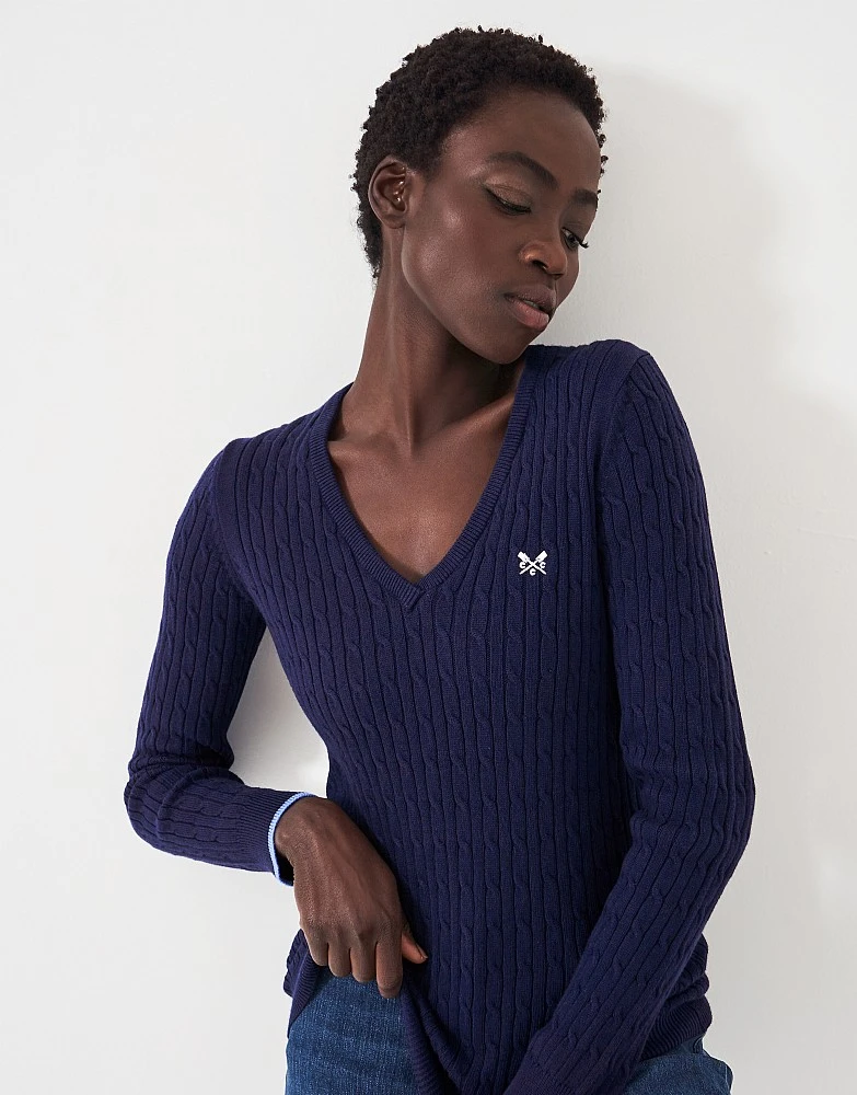 Navy Cotton Cashmere V Neck Cable Knit Jumper 4 Navy Cotton Cashmere V Neck Cable Knit Jumper - Image 4