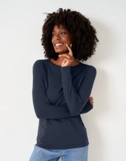 Navy Boat Neck Long Sleeve Top