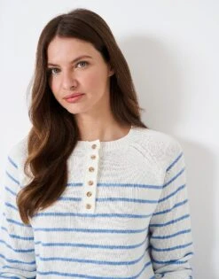 Button Henley Stripe Knit Jumper -Crew Clothing WSD291 OATBLU 3