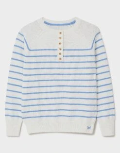 Button Henley Stripe Knit Jumper -Crew Clothing WSD291 OATBLU 6
