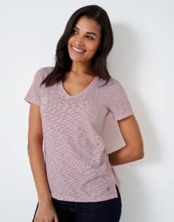 Perfect V Neck Striped Slub T-Shirt -Crew Clothing WSE050 REDWHTLIN 3
