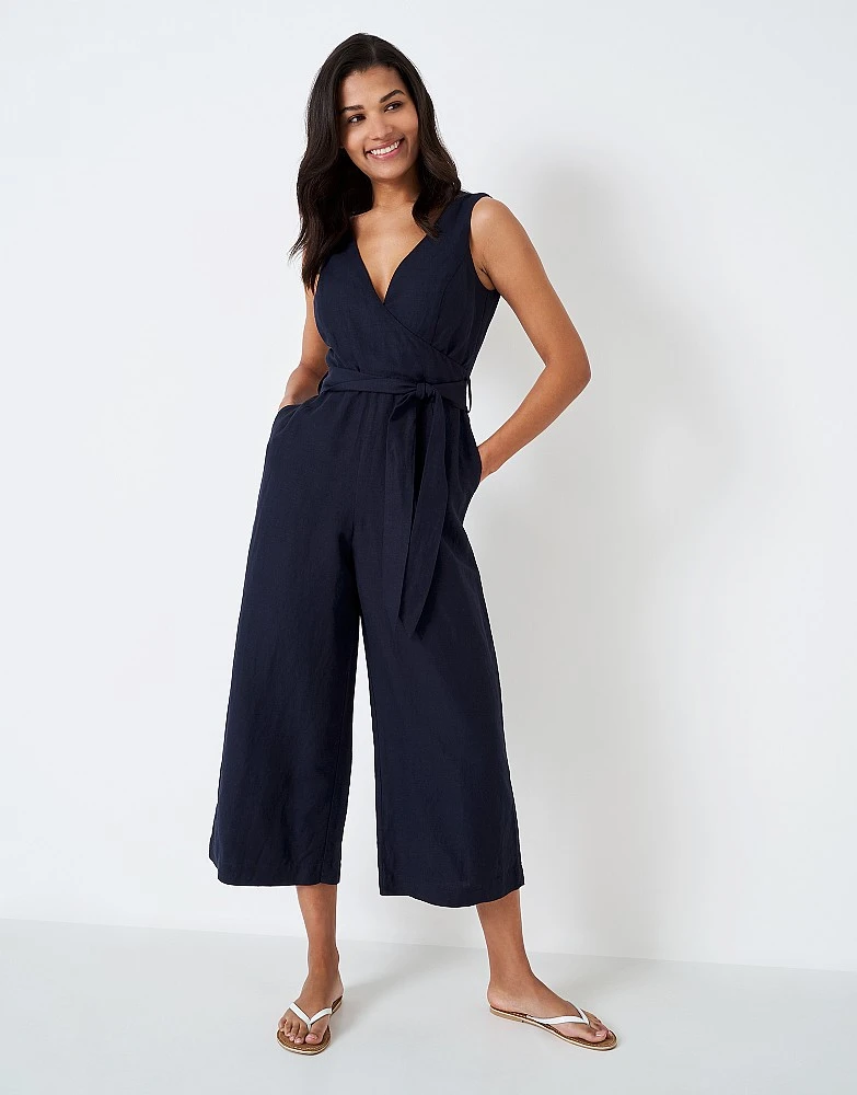 Cropped Wide Leg Jumpsuit In Navy Linen Blend - Jenny 2 Cropped Wide Leg Jumpsuit In Navy Linen Blend - Jenny - Image 2