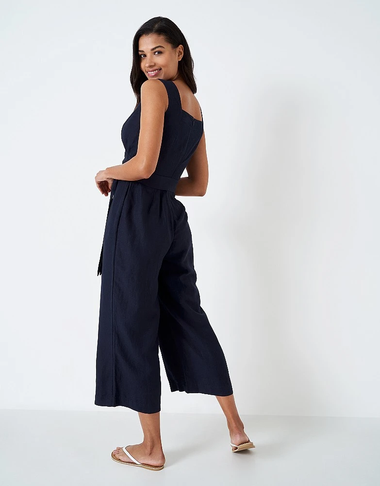 Cropped Wide Leg Jumpsuit In Navy Linen Blend - Jenny 4 Cropped Wide Leg Jumpsuit In Navy Linen Blend - Jenny - Image 4