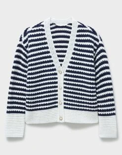 Pointelle Stripe Cardigan -Crew Clothing WTD005 WHTNAVY 3