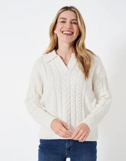 Multi Cable Knit Jumper -Crew Clothing WTD080 WHTLIN 3