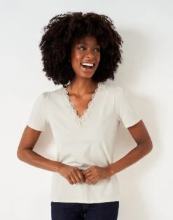 Lace Insert Short Sleeve Top -Crew Clothing WTE017 WHITE 3