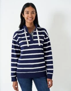 Half Button Relaxed Stipe Toggle Sweatshirt 8 Half Button Relaxed Stipe Toggle Sweatshirt -Crew Clothing WTF047 NVYWHT 3